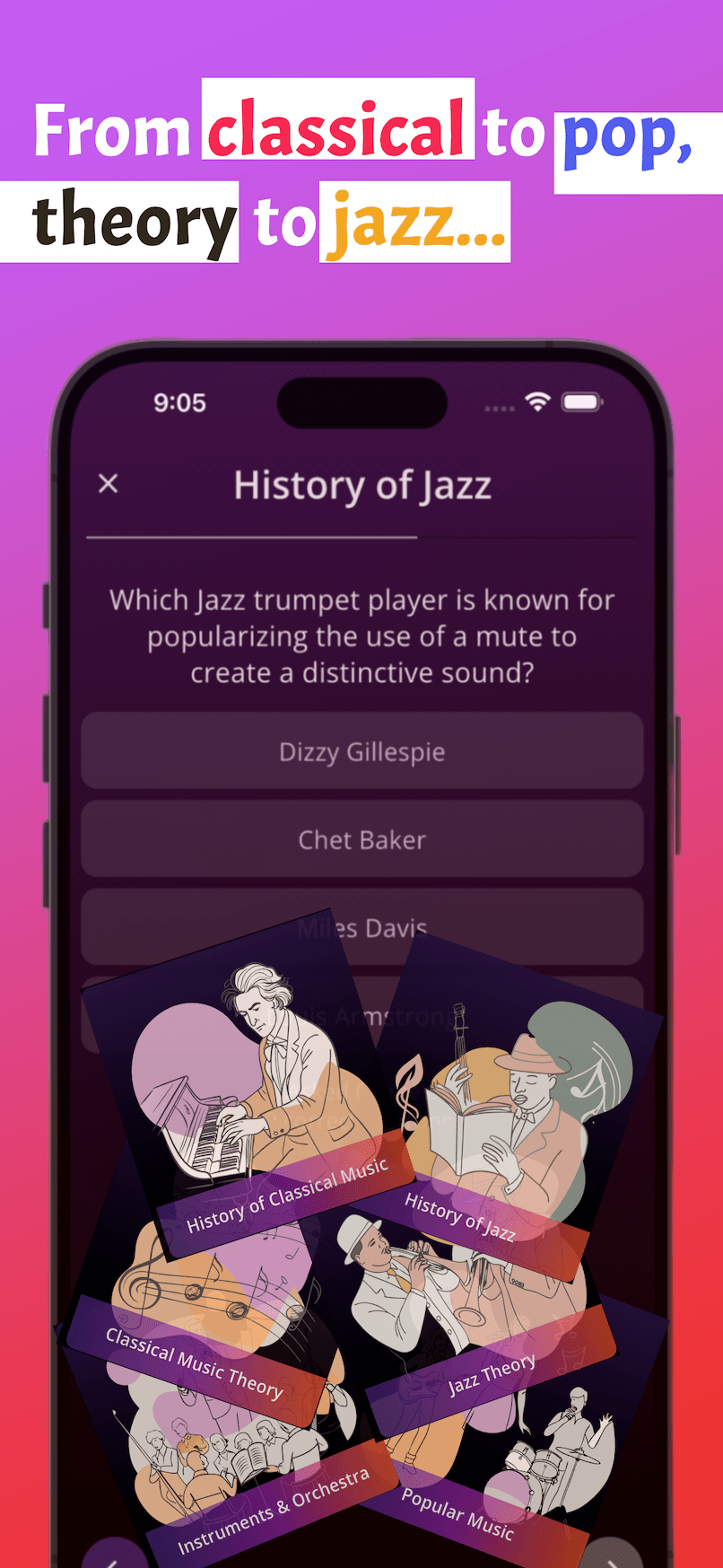 Classical music, History of Classical Music, History of Jazz, Music Theory, Instrument Knowledge