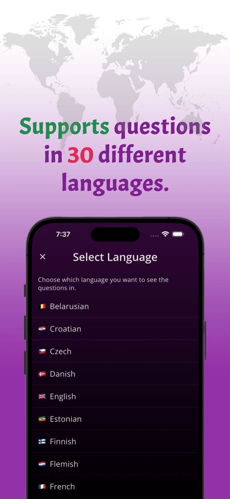 30 different language supports, Music Trivia Quiz